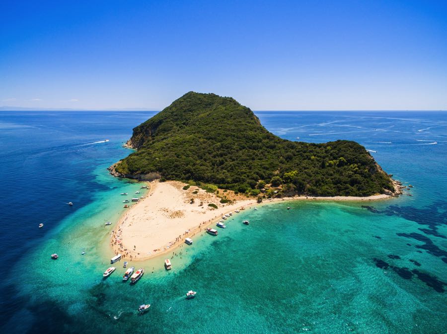 Turtle Island Beach in Zakynthos aerial view