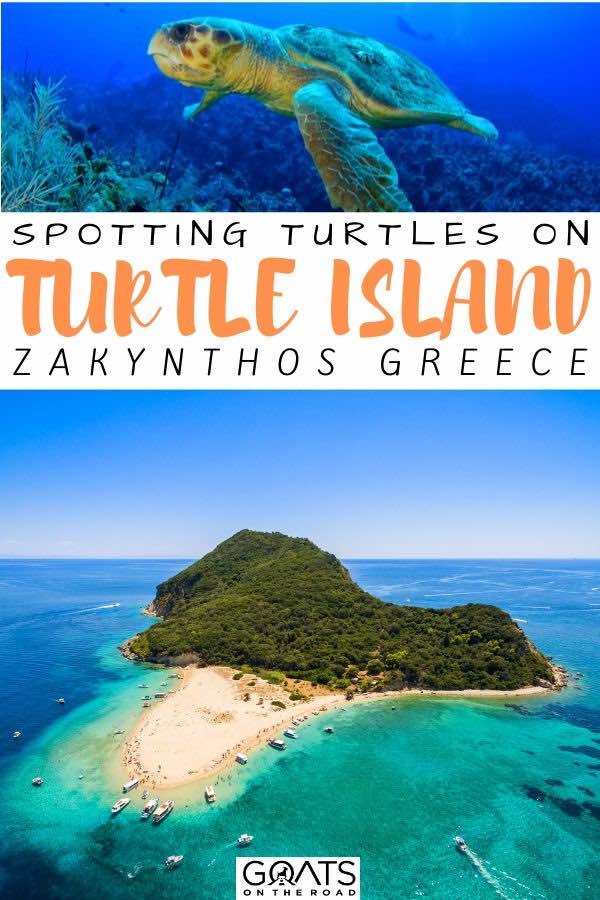 turtle island with text overlay Zakynthos greece