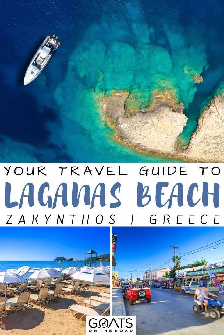 drone photo of beach with text overlay your travel guide to Laganas beach