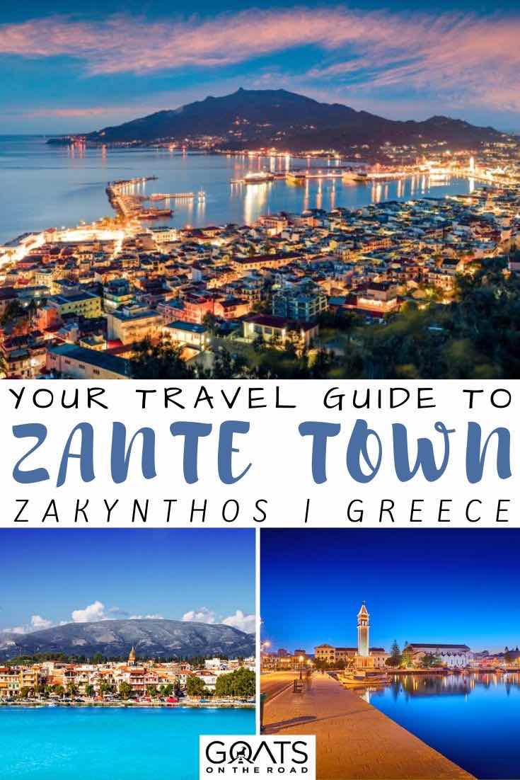 Thinking of staying in Zante Town in Zakynthos, Greece? We’ve got the travel guide for you, filled with tips on where to stay, things to do, restaurants and more. | #zantetown #zakynthos #greece Zante Town at night with text overlay your travel guide