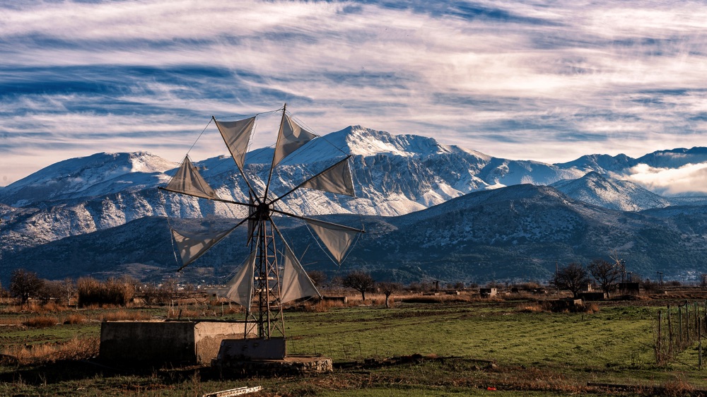 Lasithi, Crete island, with windmills and mountains