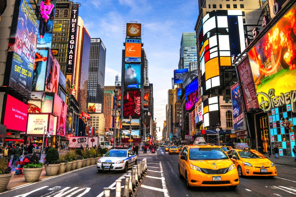 times square and taxis in new york weekend