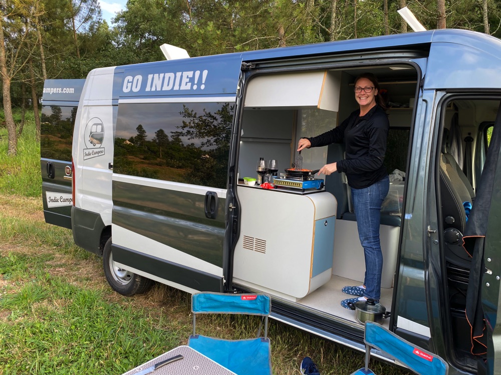 Cooking at night in the campervan