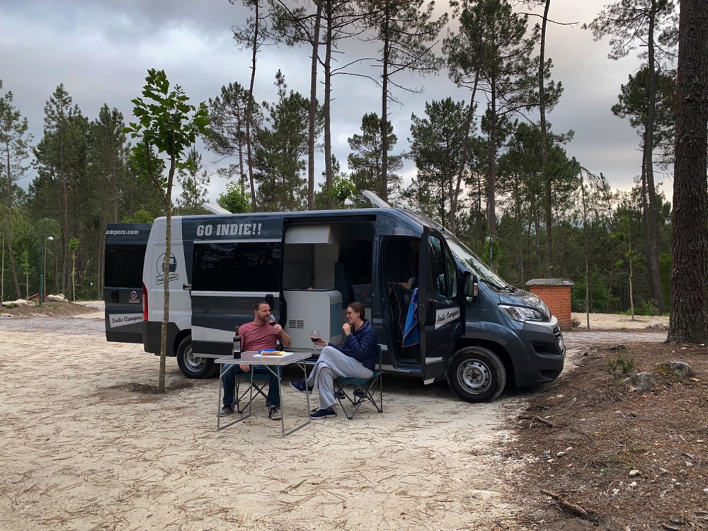 Enjoying some wine outside the campervan