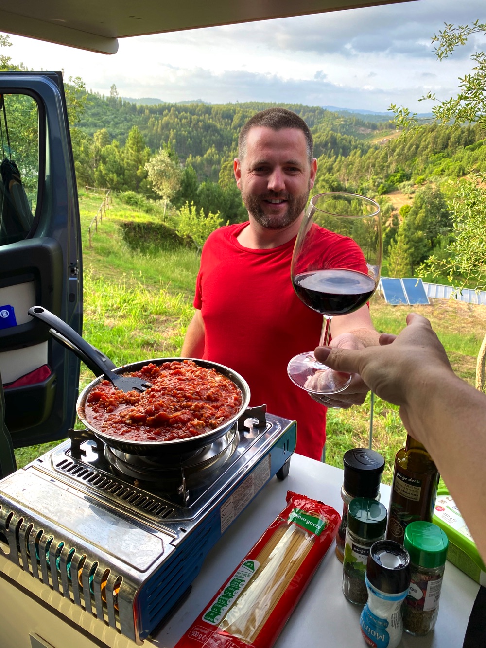 Cooking dinner in a campervan