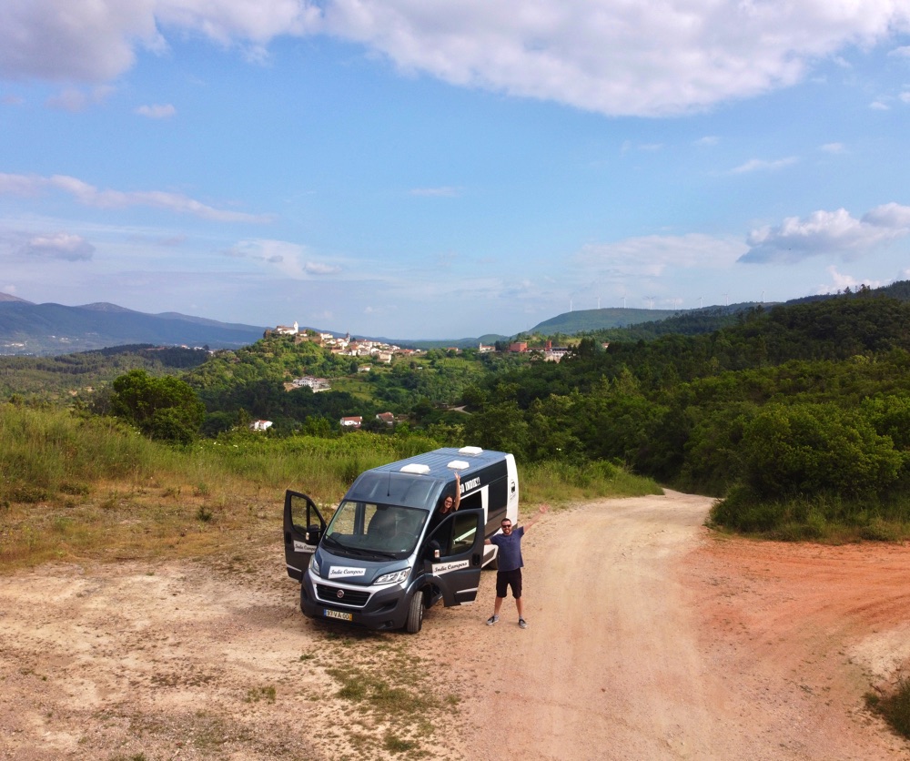 Drone photo of a couple in Penela with a campervan