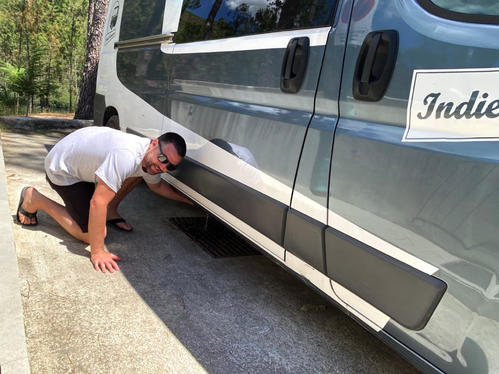 Emptying the greywater tank of our campervan