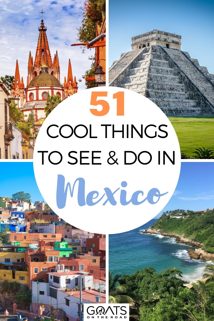 Heading to Mexico for an awesome experience? Here are 51 cool things to see & do in Mexico! Everything from visiting Mexico City to eating delicious food, to swimming the cenotes to walking the beautiful Malecon in Puerto Vallarta experience the River Booze Cruise in Xochimilco, and more! This travel guide will help you to get started! | #bucketlist #holidays #wanderlust 51 Cool Things To See & Do in Mexico