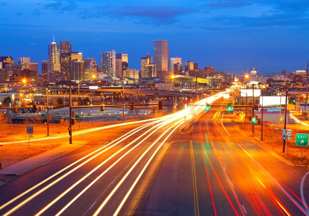 A wide road gives easy access to traveling in Denver.