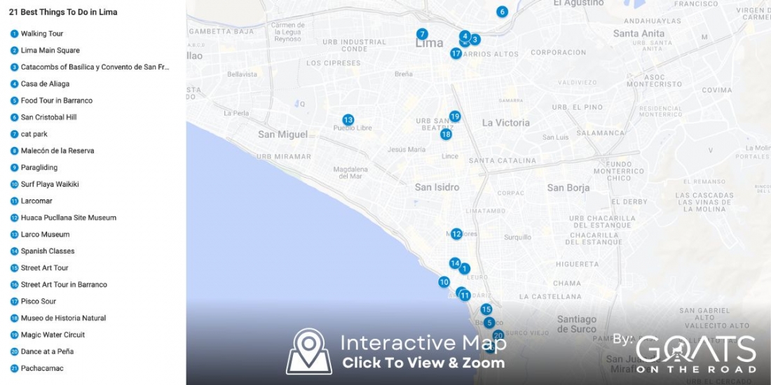 Clickable map showing 21 Best Things To Do in Lima custom built map by goatsontheroad.com