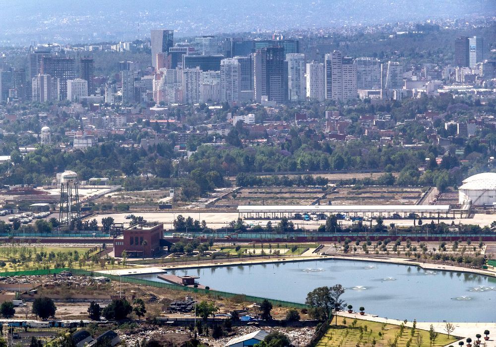 Aerial view of Mexico City in Polanco area with the bicentenario park in front and Polanco skyline in the back.