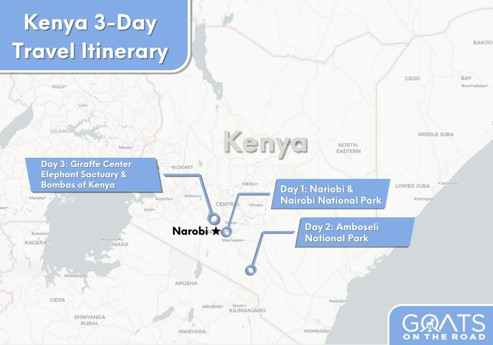 Custom Diagram Map Showing 3-Day Kenya Travel Itinerary