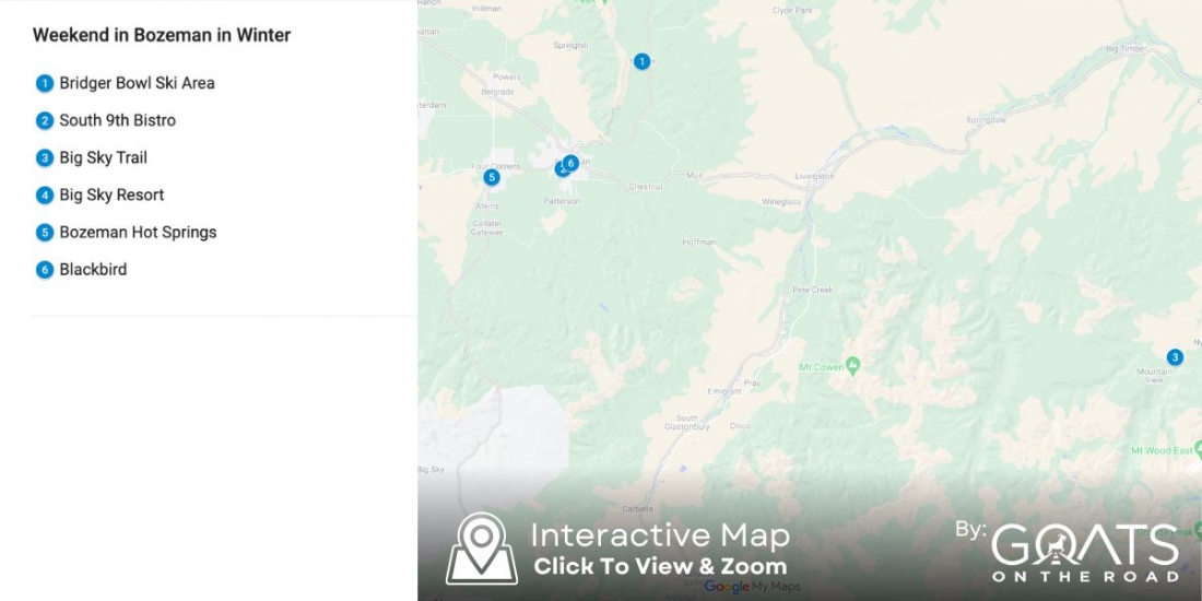 custom map showing a suggested itinerary for a weekend in Bozeman in winter