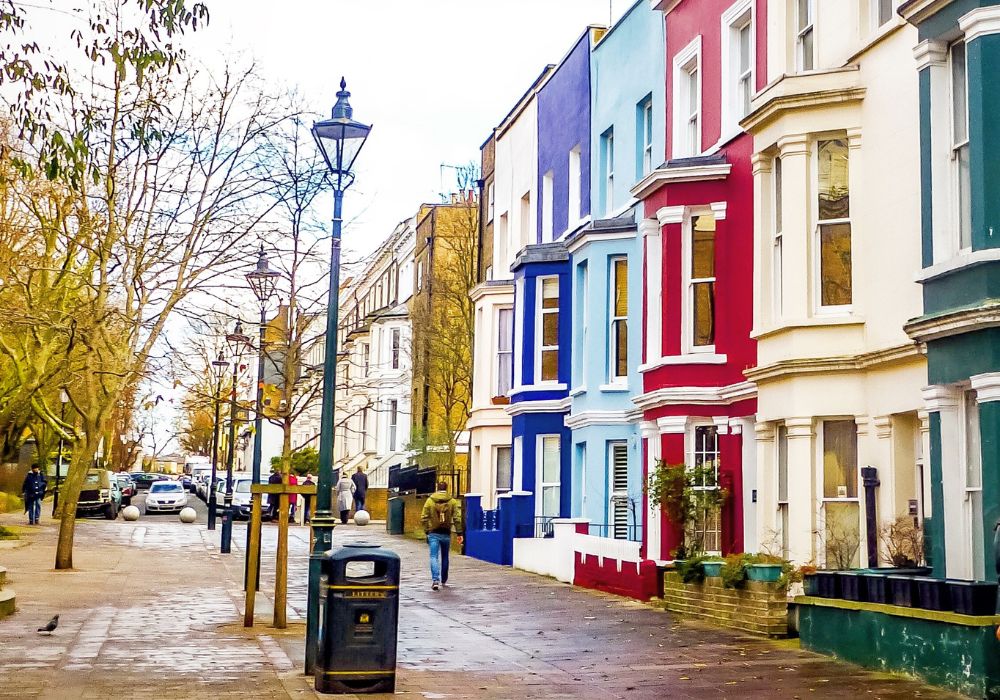 A multi-color houses facade in Notting Hill, London.