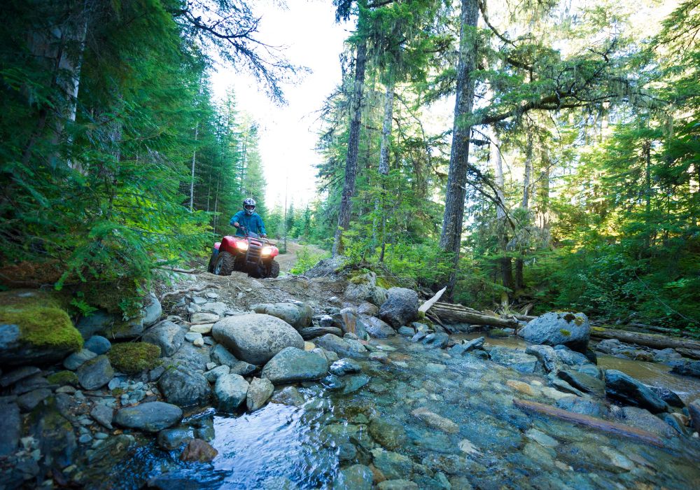 Tourist riding on his quad adventure in the forest.