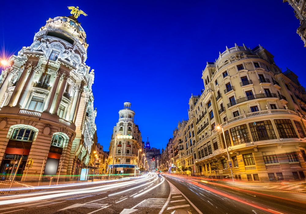 The Gran Via at dusk, with the metropolis of Madrid.