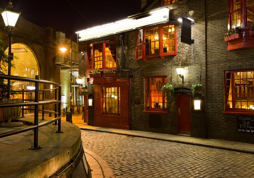 English pubs and restaurants in London at night.