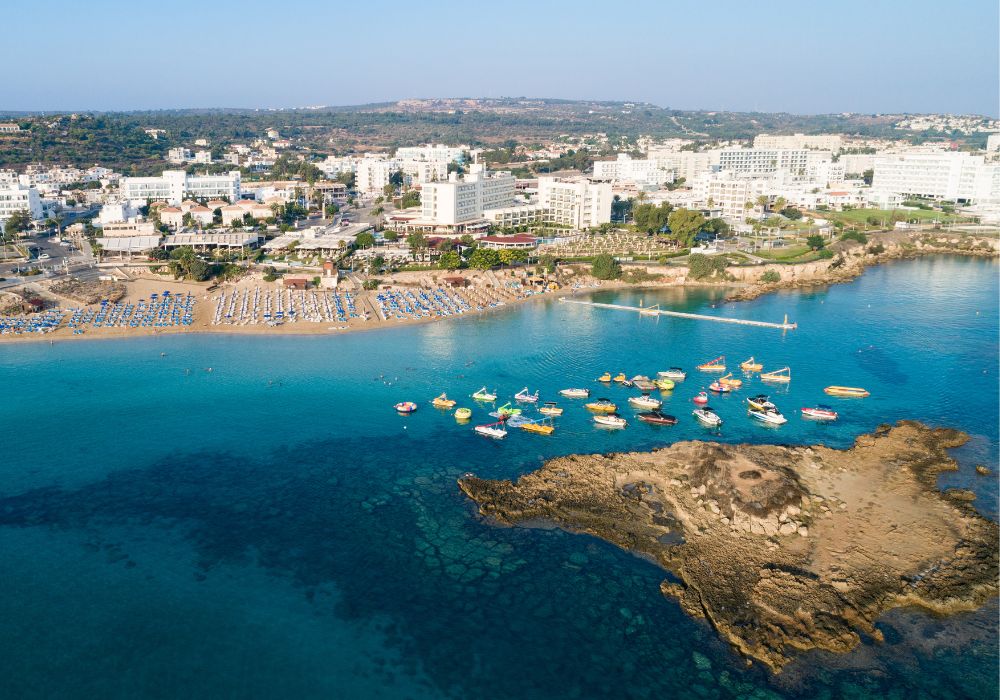 Aerial bird's eye view of Fig Tree Bay in Protaras, Cyprus.