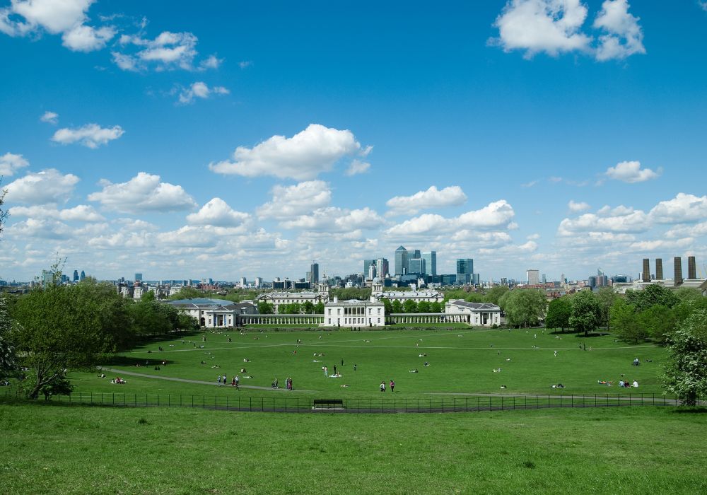 View from the Greenwich Park in South East London towards Canary Wharf.