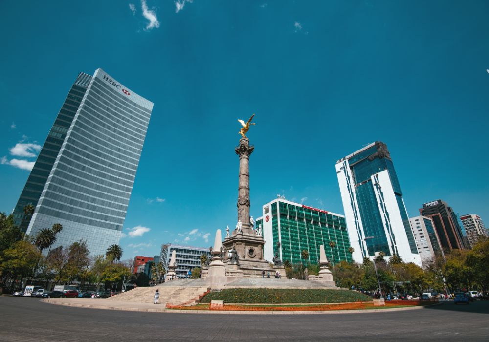 Angel statue and Reforma Colonia in a beautiful blue sky of Mexico City
