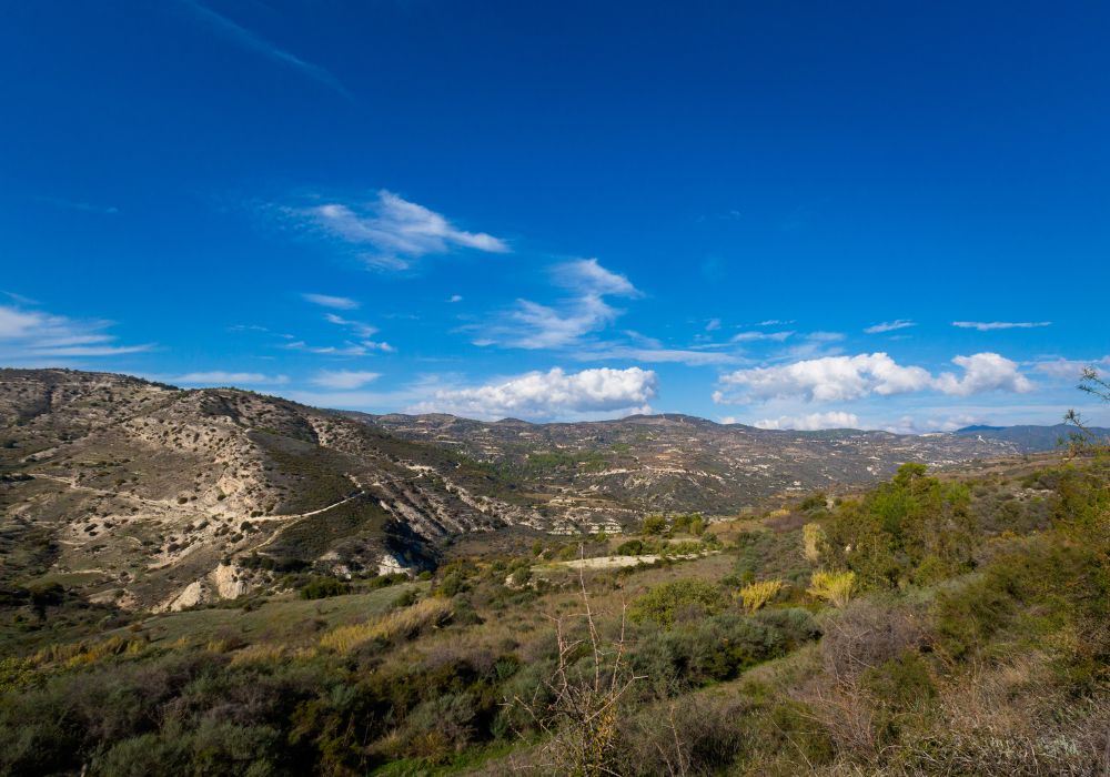 The beautiful Troodos Mountains during trekking under a clear blue sky.