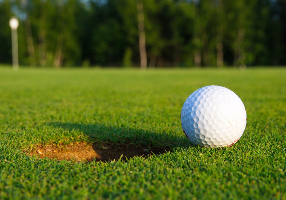 A golf ball right next to the cup on a golf course.