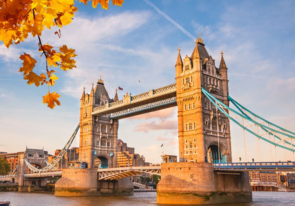 Tower bridge with autumn leaves, London.