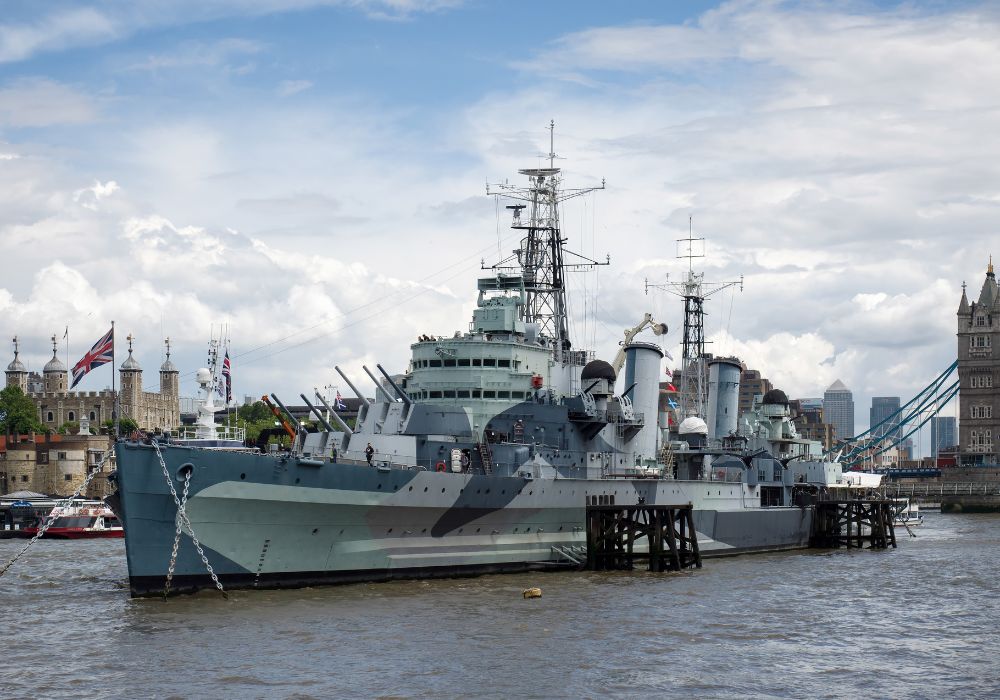 A close up view of HMS Belfast in London.