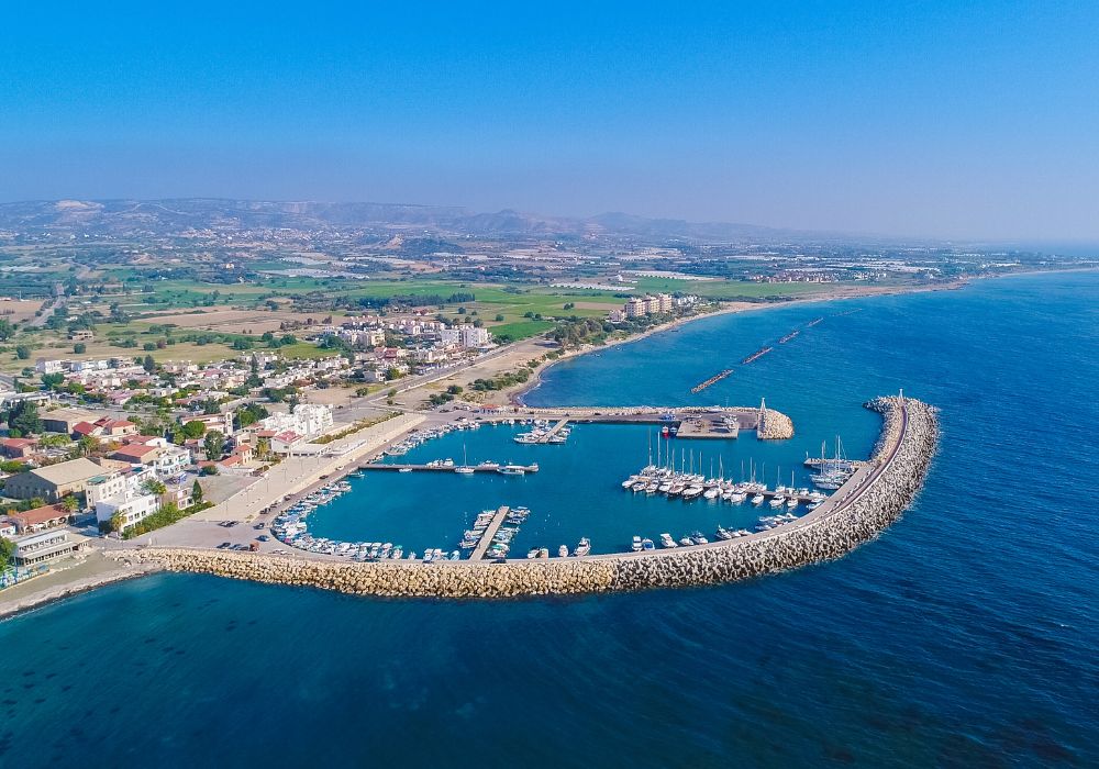 Aerial bird's eye view of Zygi fishing village port in Larnaca, Cyprus.