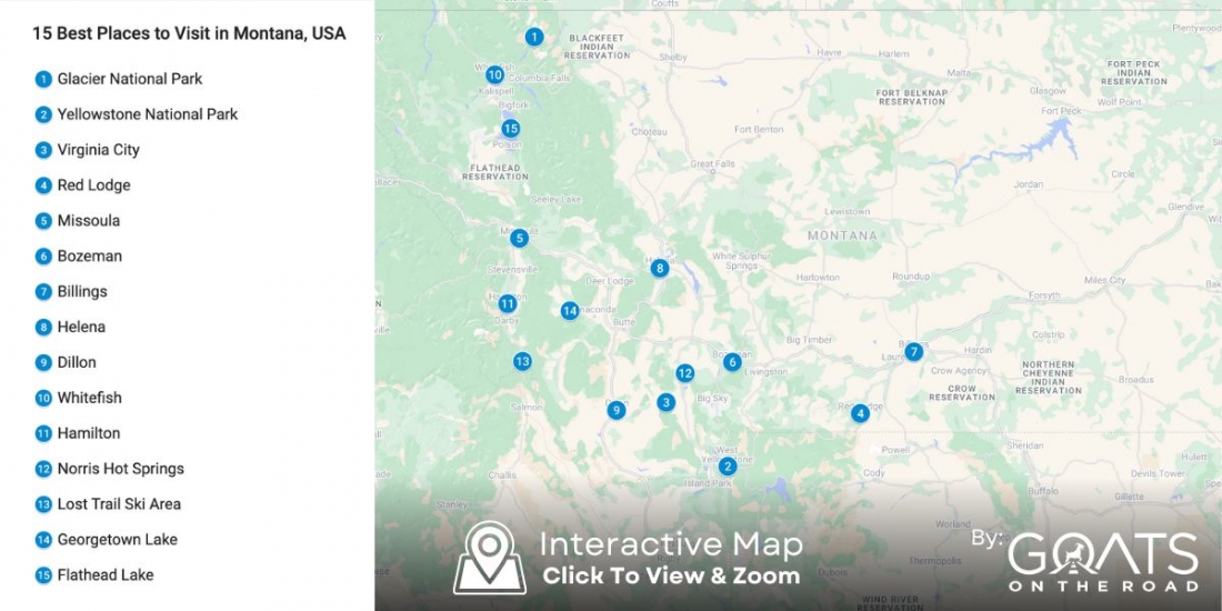 A clickable map showing the top attractions and places to visit in the state of Montana (MT), USA