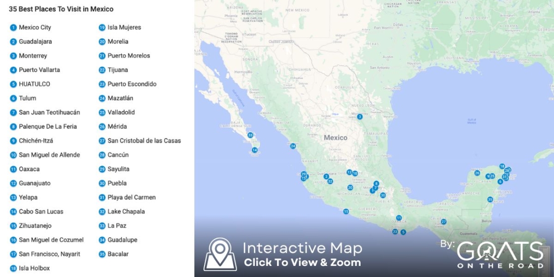 A custom map diagram showing the best places to visit in the country of Mexico. Click the map to go to Google Maps where you can zoom, find directions and locate each of these attractions on the map.