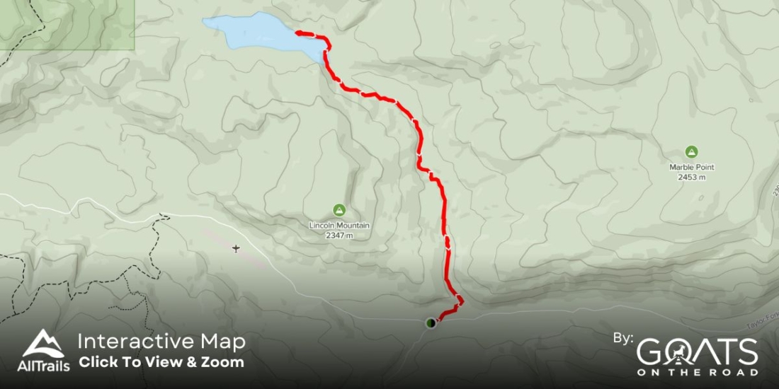 A custom map image showing the Albino Lake Trail Hike in Big Sky Montana. Click the map to go to AllTrails and see an interactive version.