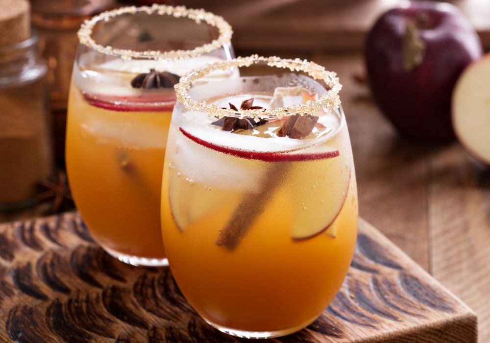 Apple cider cocktail with cinnamon and apple slices.