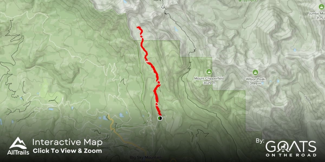 An image of the Beehive Basin trail showing the topography and distance of the hike. Click the map to go to AllTrails and see an interactive version.