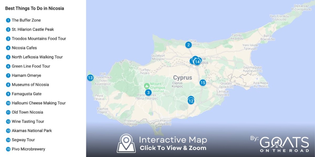 A clickable map that links to Google Maps where you can view, zoom and find directions on an interactive map of the best things to do in Nicosia Cyprus