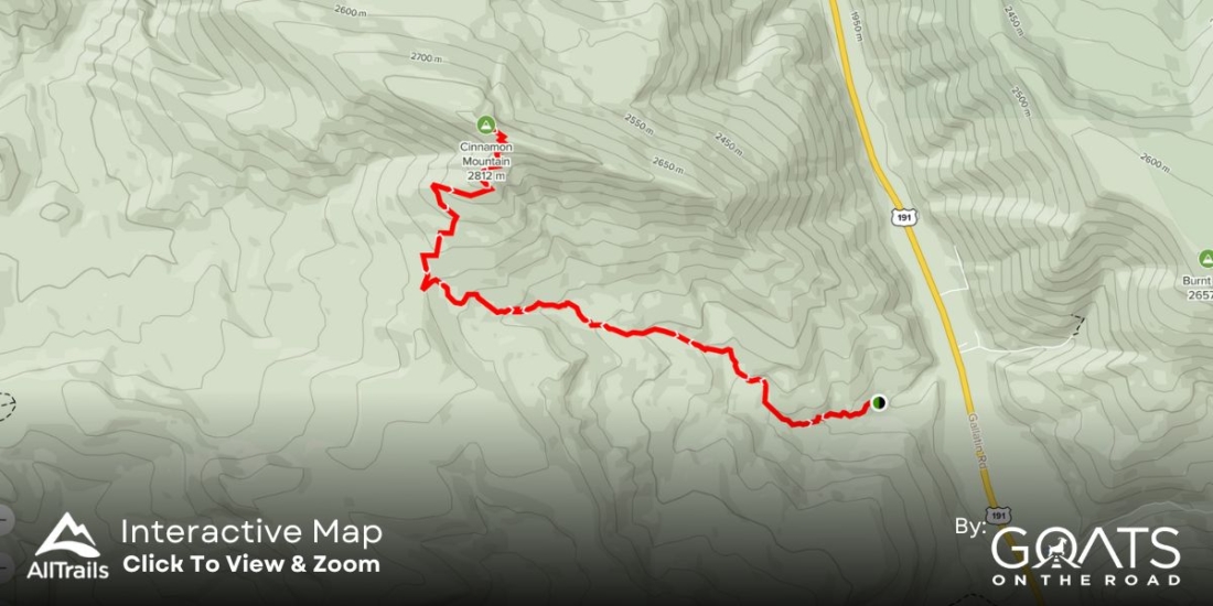 A custom map graphic showing the Cinnamon Mountain Trail in Montana. Click the map for an interactive version.