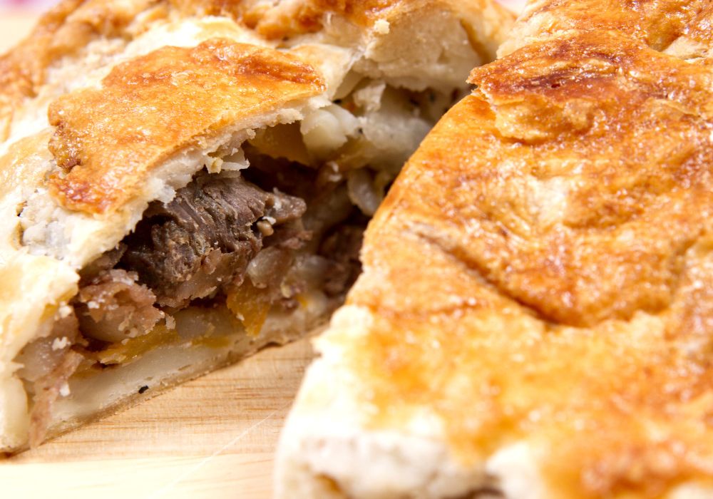 A traditional handmade Cornish Pastry filled with meat and potato.