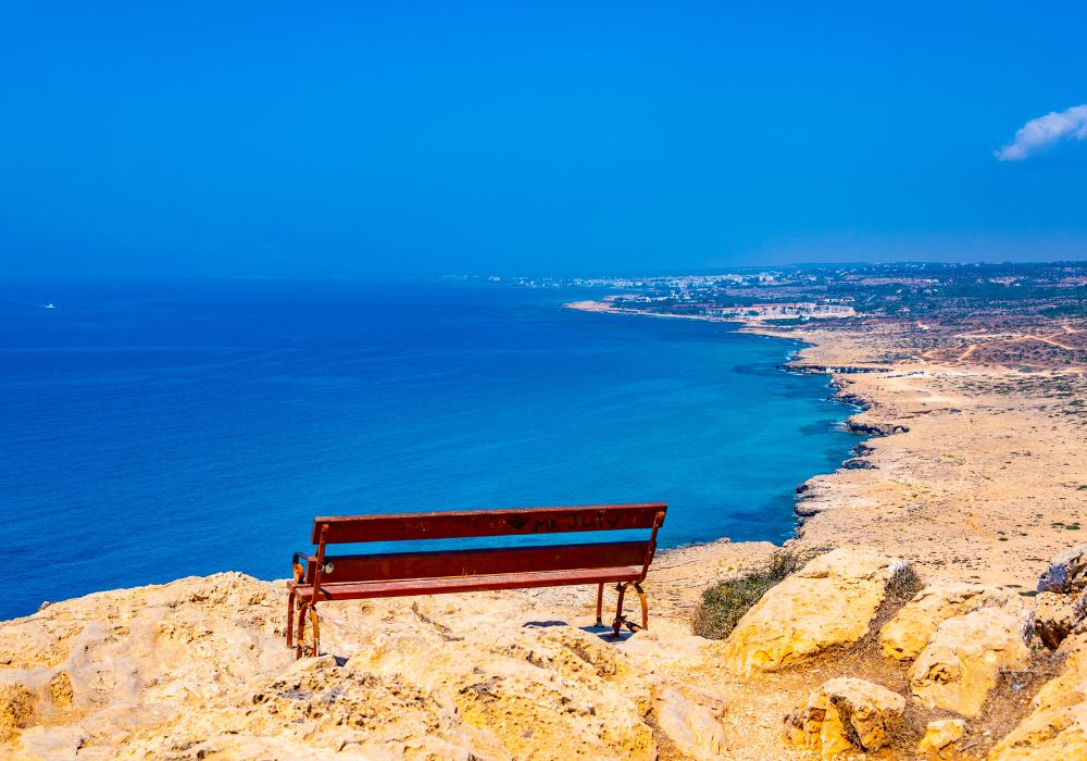 A lonely bench at Cape Greco National Park in Cyprus.