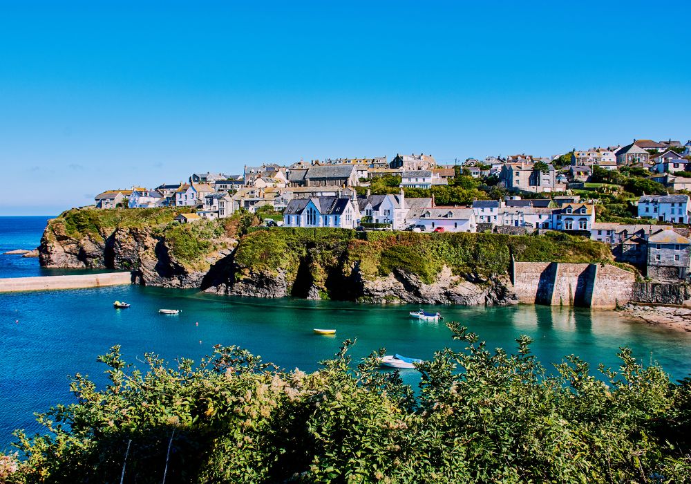 The pretty fishing village of Port Isaac on a bright and sunny day.