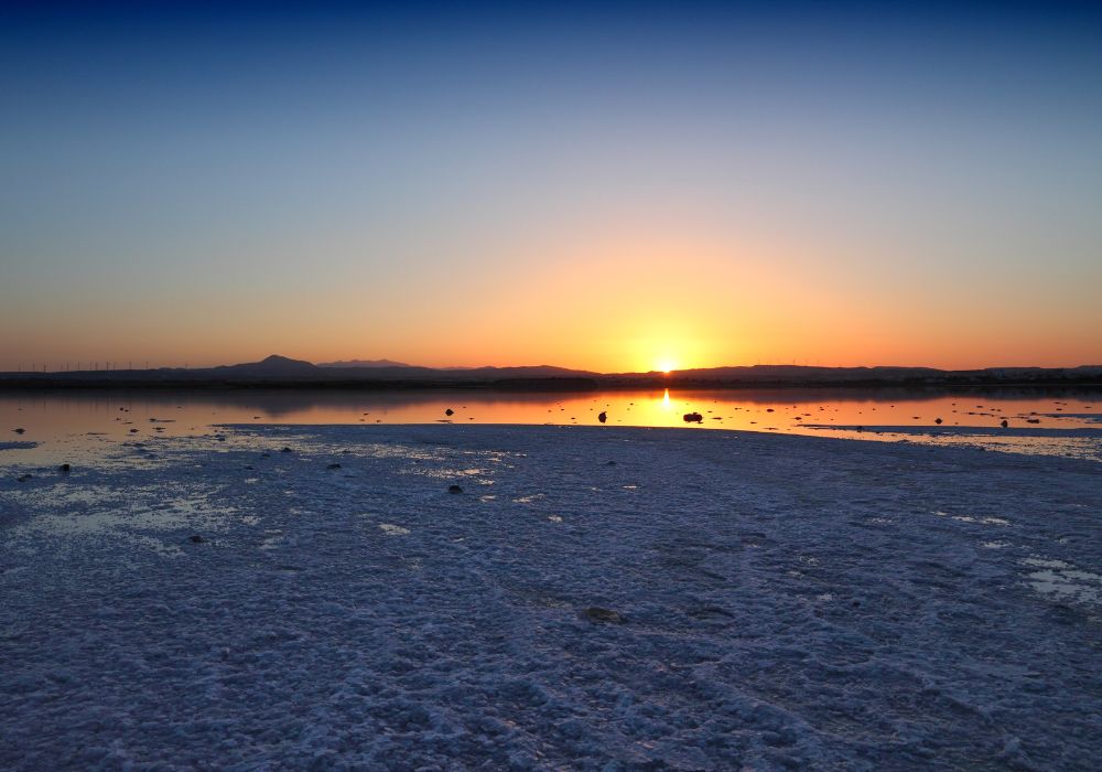 A salt lake-covered ground in Cyprus's Larnaca Salt Lake.