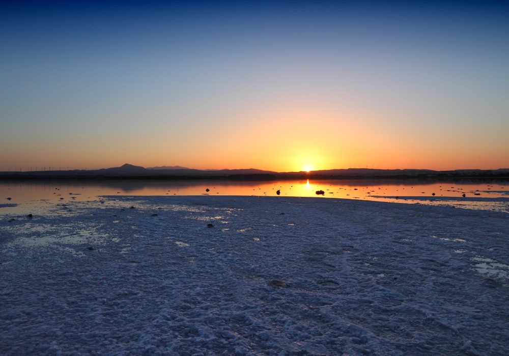 A salt lake-covered ground in Cyprus's Larnaca Salt Lake. 