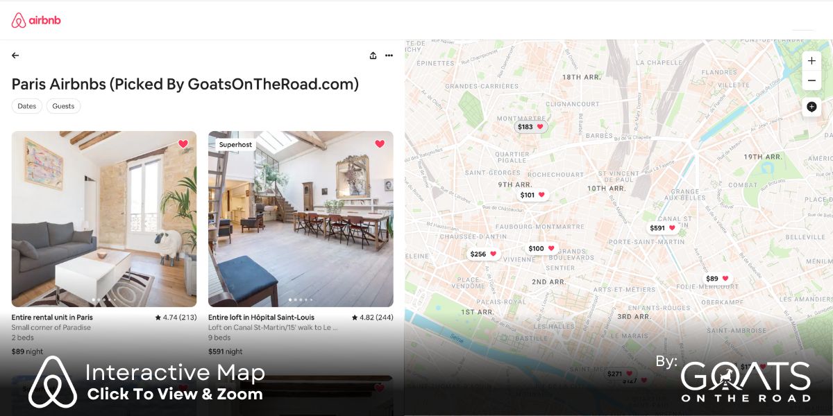 A custom map graphic of all the best airbnbs in Paris. Click the map to go to Airbnb and see the full list of Airbnbs, where they are located on the map, prices, and how to book them.