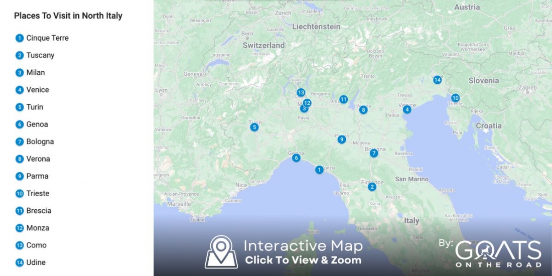 a clickable map showing the best places to visit in northern italy