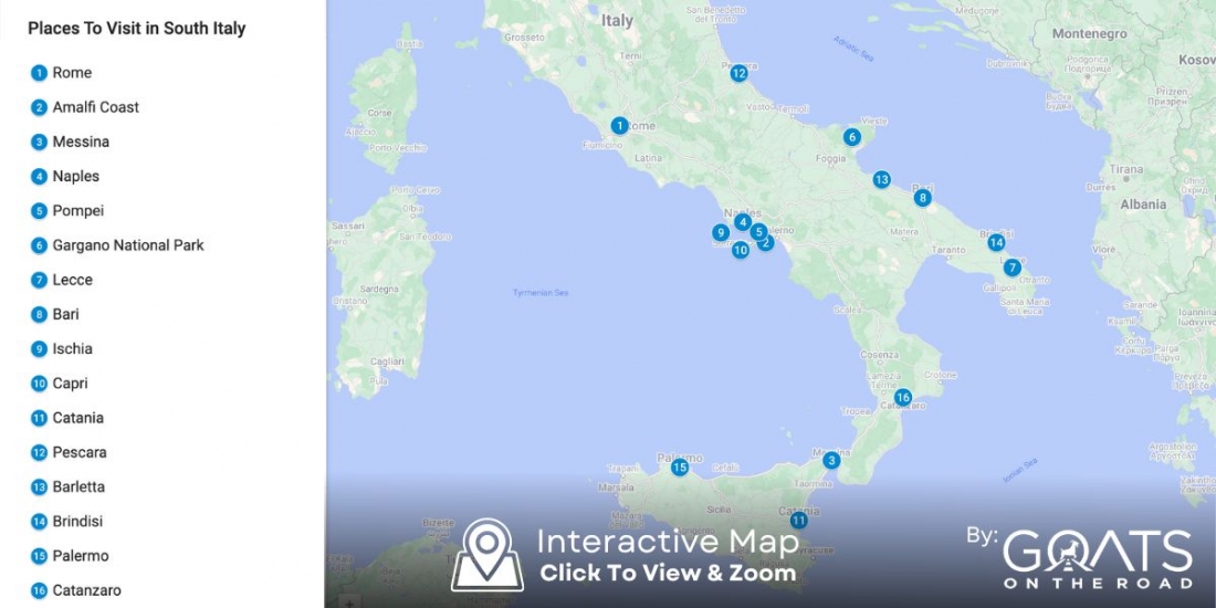 a clickable custom map showing the top attractions and towns to visit when travelling the southern part of Italy