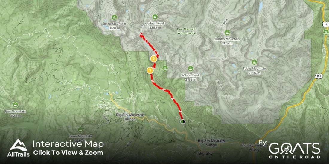 I custom map graphic showing the topography and distance of the Summit Lake Trail in Big Sky Montana. Click the map to see an interactive version at AllTrails.