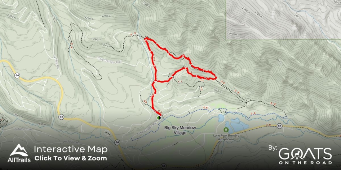 A custom map showing the topography and distance of the Reflector Loop Trail in Big Sky. Click the map to see an interactive version.