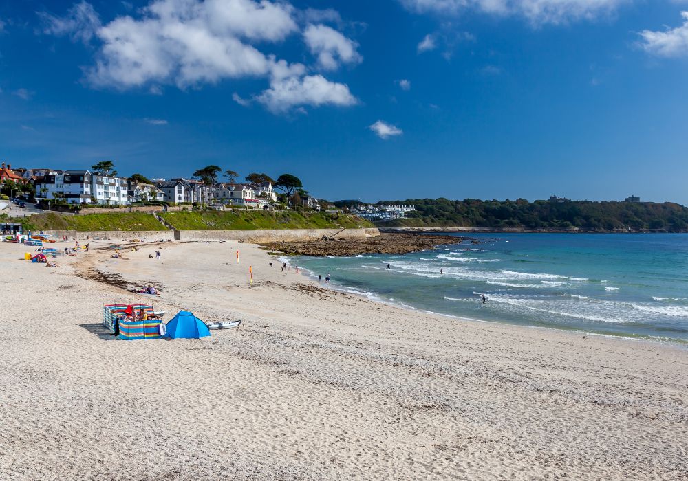 Overlooking the golden sand at Gyllyngvase beach Falmouth in Cornwall.