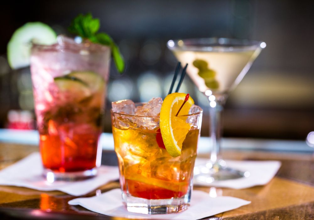 Colorful cocktails on the bar table in restaurant.