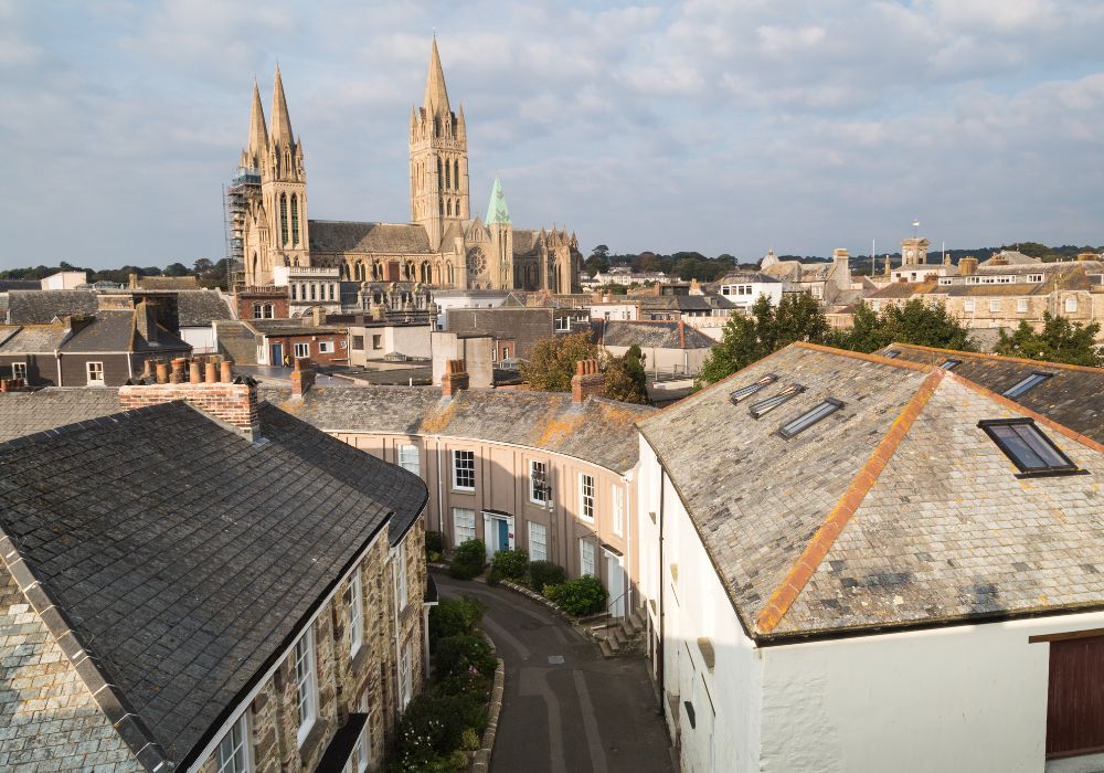 Truro Cathedral looking across the city and streets in Cornwall, UK.