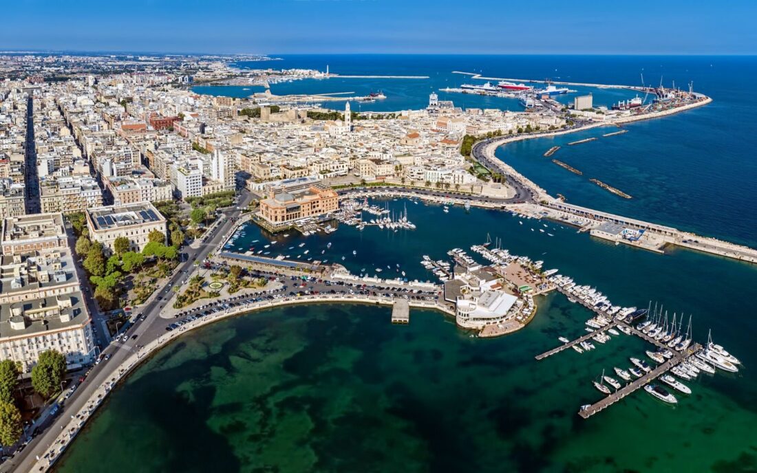 Aerial view of downtown Bari with old town and port area in Puglia, Italy.